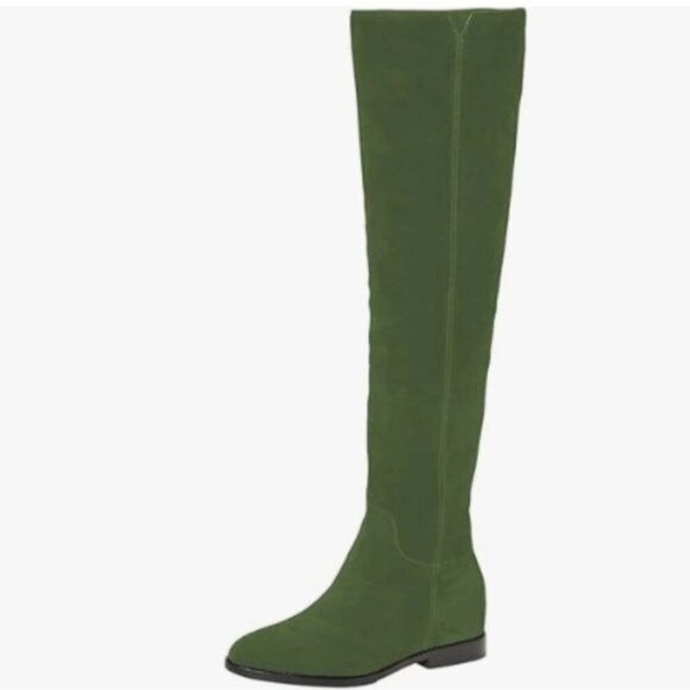 Pazzion Women Almond Toe Knee High Boots with Partial Zipper Stretchy Green Boot